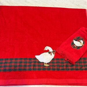 Festive Red Holiday Towel Set with Goose Design